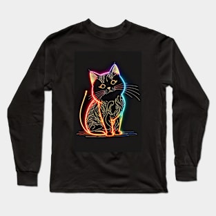 Cool Cat Portrait Neon Art Style Long Sleeve T-Shirt